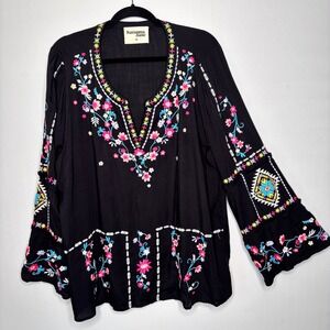 Savanna Jane Tunic Top Size 2X Black Colorful Embroidered Peasant Bell Sleeve
